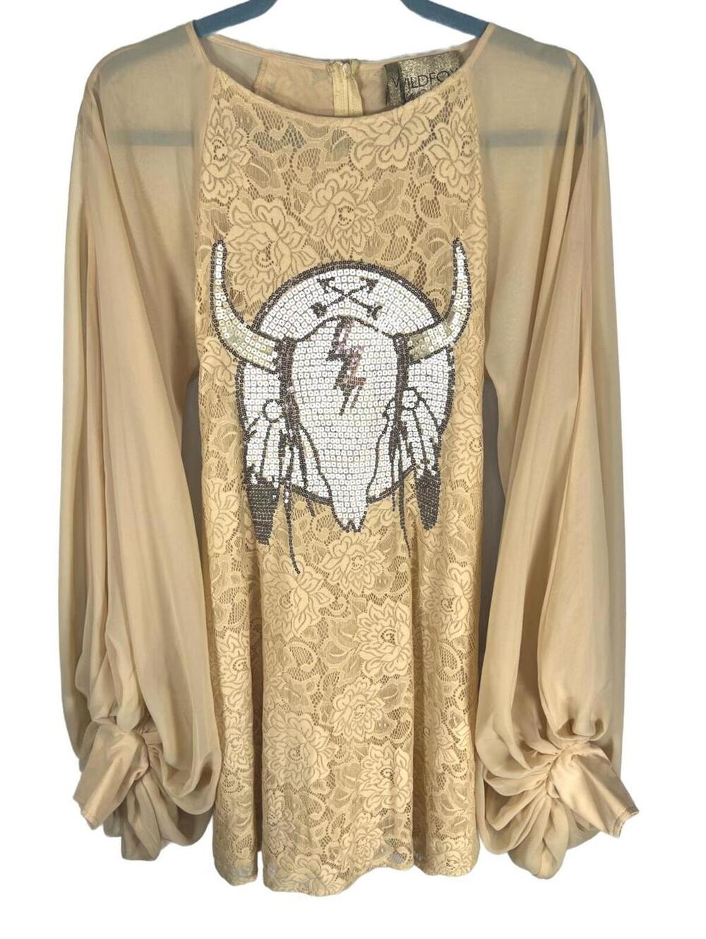 Wildfox White Label Lace Bull Skull Sequin Bell Sleeve Western Boho Mini Dress L - Picture 3 of 9